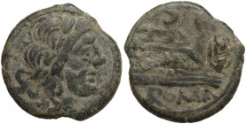 Anonymous. AE Semis, c. 157-156 BC. Obv. Laureate head of Saturn right; behind, S. Rev. Prow right; above, S; below, ROMA. Cf. Cr. 197-198B/2 var. (S ...