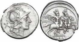 Anonymous. AR Denarius, uncertain Spanish mint (?), 160 BC. Obv. Helmeted head of Roma right; behind, X. Rev. The Dioscuri galloping right; below, ROM...
