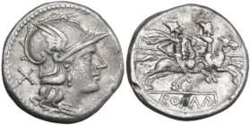 Anonymous. AR Denarius, uncertain Spanish mint (?), 160 BC. Obv. Helmeted head of Rome right ; behind, X. Rev. The Dioscuri galloping right ; in linea...