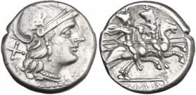 Anonymous. Denarius, uncertain Spanish mint (?), 160 BC. Obv. Helmeted head of Rome right ; behind, X. Rev. The Dioscuri galloping right ; in linear f...
