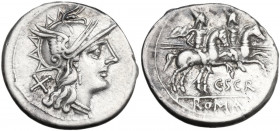 C. Scribonius. AR Denarius, 154 BC. Obv. Helmeted head of Roma right; behind, X. Rev. The Dioscuri galloping right; below, C·SCR; in exergue, ROMA. Cr...