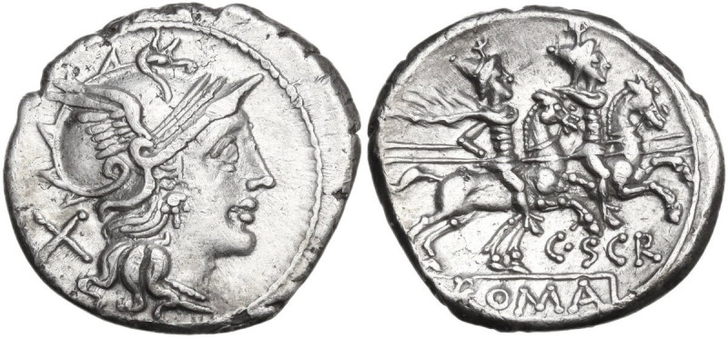 C. Scribonius. AR Denarius, 154 BC. Obv. Helmeted head of Roma right; behind, X....