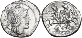 C. Scribonius. AR Denarius, 154 BC. Obv. Helmeted head of Roma right; behind, X. Rev. The Dioscuri galloping right; below, C·SCR; in exergue, ROMA. Cr...