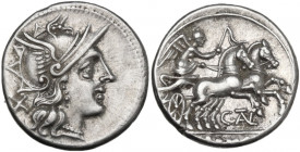 C. Thalna. AR Denarius, 154 BC. Obv. Helmeted head of Roma right; behind, X. Rev. Victory in biga right; C TALN (ligate) below; [ROMA] in exergue. Cr....