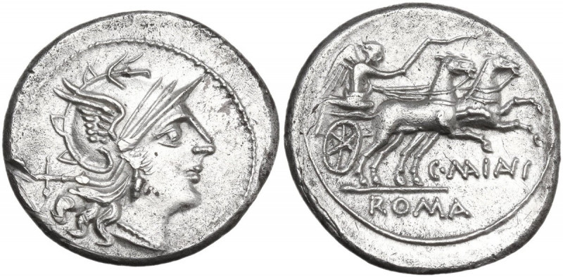 C. Maianius. AR Denarius, 152 BC. Obv. Helmeted head of Roma right; behind, X. R...