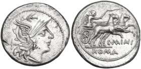 C. Maianius. AR Denarius, 152 BC. Obv. Helmeted head of Roma right; behind, X. Rev. Victory in biga right; below horses, C. MAIANI ligate; in exergue,...