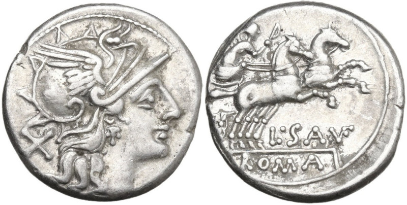 L. Saufeius. AR Denarius, 152 BC. Obv. Helmeted head of Roma right; behind, X. R...