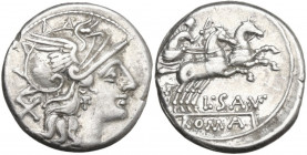L. Saufeius. AR Denarius, 152 BC. Obv. Helmeted head of Roma right; behind, X. Rev. Victory in biga right; below, L·SAVF (VF ligate); in linear frame,...