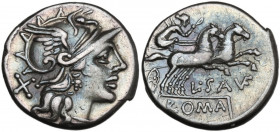 L. Saufeius. AR Denarius, 152 BC. Obv. Helmeted head of Roma right; behind, X. Rev. Victory in biga right; below, L·SAVF (VF ligate); in linear frame,...