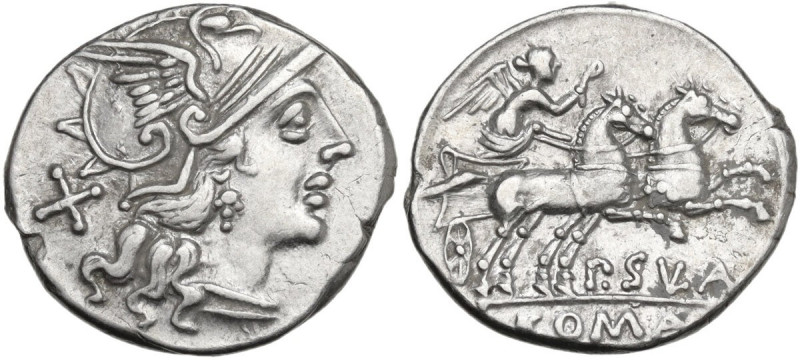 Pub. Sulla. AR Denarius, 151 BC. Obv. Helmeted head of Roma right; behind, X. Re...