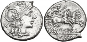 Spurius Afranius. AR Denarius, 150 BC. Obv. Helmeted head of Roma right, X behind. Rev. Victory in biga right; SAFRA below horses, ROMA in exergue. Cr...