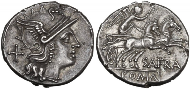 Spurius Afranius. AR Denarius, 150 BC. Obv. Helmeted head of Roma right, X behin...