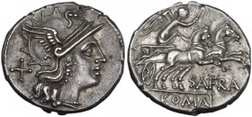 Spurius Afranius. AR Denarius, 150 BC. Obv. Helmeted head of Roma right, X behind. Rev. Victory in biga right; SAFRA below horses, ROMA in exergue. Cr...