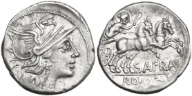 Spurius Afranius. AR Denarius, 150 BC. Obv. Helmeted head of Roma right, X behind. Rev. Victory in biga right; SAFRA below horses, ROMA in exergue. Cr...