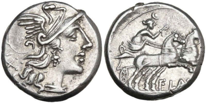 Decimius Flavus. Denarius, 150 BC. Obv. Helmeted head of Roma right; behind, X. ...