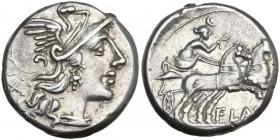 Decimius Flavus. Denarius, 150 BC. Obv. Helmeted head of Roma right; behind, X. Rev. Victory in biga right; below, FLAVS; in exergue or in linear fram...