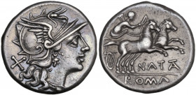 Pinarius Natta. AR Denarius, 149 BC. Obv. Helmeted head of Roma right; behind, X. Rev. Victory in biga right; below horses, NATTA (TA ligate); in exer...