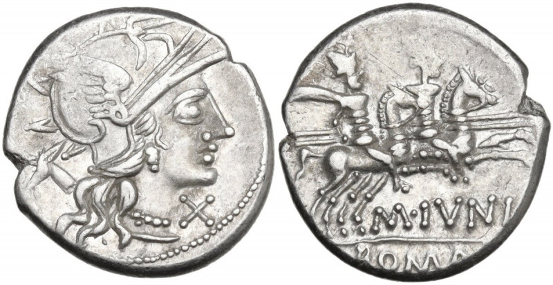 M. Iunius Silanus. AR Denarius, 145 BC. Obv. Helmeted head of Roma right; below ...