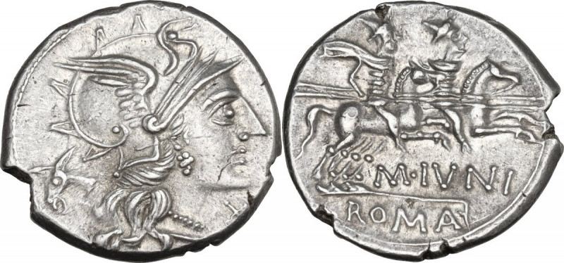 M. Iunius Silanus. AR Denarius, 145 BC. Obv. Helmeted head of Roma right; below ...