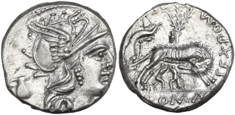 Sex. Pompeius Fostlus. AR Denarius, 137 BC. Obv. Helmeted head of Roma right; be...