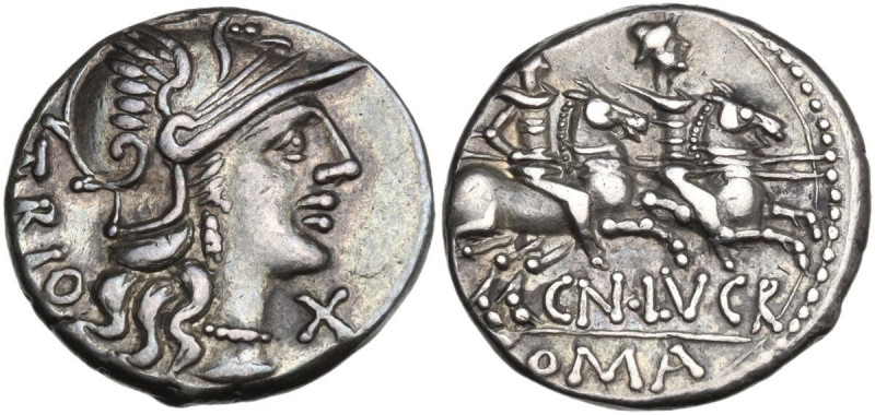 Cn. Lucretius Trio. AR Denarius, 136 BC. Obv. Helmeted head of Roma right; behin...