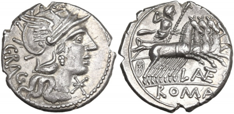 L. Antestius Gragulus. AR Denarius, 136 BC. Obv. Helmeted head of Roma right; be...