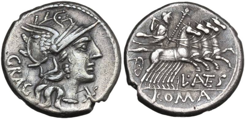 L. Antestius Gragulus. AR Denarius, 136 BC. Obv. Helmeted head of Roma right; be...