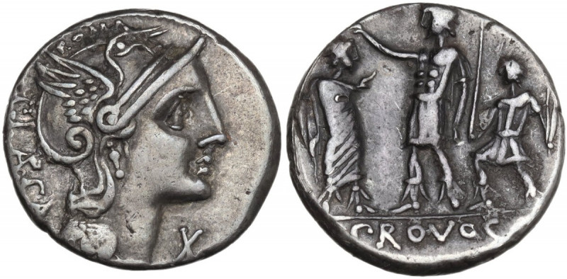 P. Laeca. AR Denarius, c. 110-109 B.C. Obv. Helmeted head of Roma right; above, ...