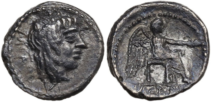 M. Cato. AR Quinarius, 89 BC. Obv. Head of Liber right, wearing ivy-wreath; behi...