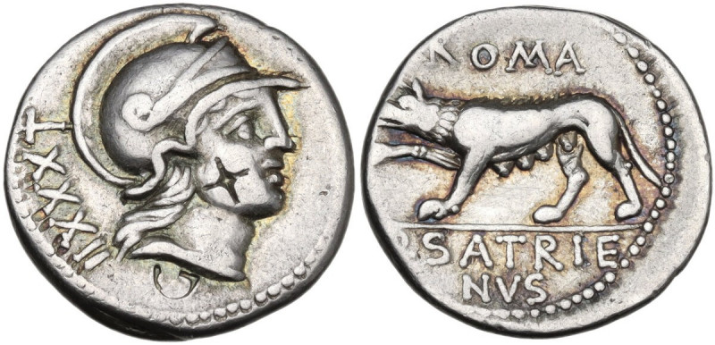 P. Satrienus. AR Denarius, Rome mint, 77 BC. Obv. Helmeted head of Roma right; o...