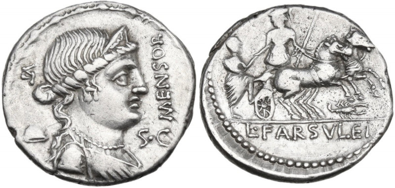 L. Farsuleius Mensor. AR Denarius, 75 BC. Obv. Diademed and draped bust of Liber...