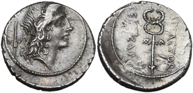 M. Plaetorius M. f. Cestianus. AR Denarius, 69 BC. Obv. Young male head right; b...