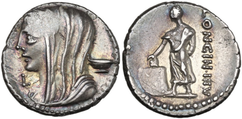 L. Cassius Longinus. AR Denarius, 63 BC. Obv. Veiled and draped bust of Vesta le...