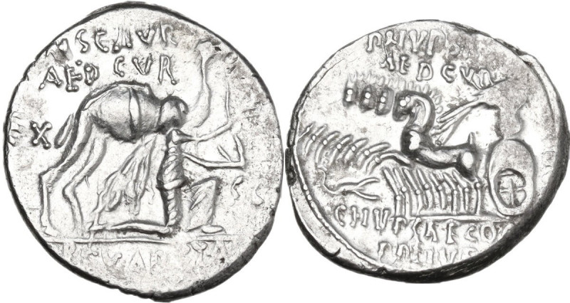 M. Aemilius Scaurus and Pub. Plautius Hypsaeus. AR Denarius, 58 BC. Obv. M SCAVR...