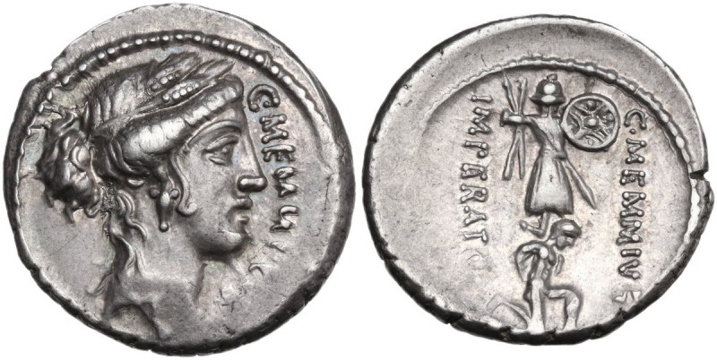 C. Memmius. AR Denarius, Rome mint, 56 BC. Obv. Head of Ceres right; on the righ...