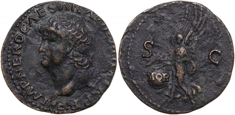 Nero (54-68). AE As, Lugdunum mint. Obv. IMP NERO CAESAR AVG P MAX TR P PP. Bare...