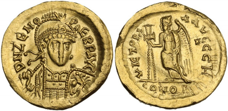 Zeno (474-491). AV Solidus, Constantinople mint. Obv. DN ZENO PERP AVG. Pearl-di...