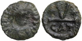 Maurice Tiberius (582-602). AE Pentanummium. Catania mint. Obv. Diademed, draped, and cuirassed bust right. Rev. Large V flanked by stars; in exergue,...
