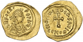 Phocas (602-610). AV Tremissis, Constantinople mint. Obv. DN FOCAS PEP (sic) AVI. Diademed, draped and cuirassed bust right. Rev. VICTORI FOCAS AVG. C...