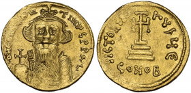 Constans II (641-668). AV Solidus, Constantinople mint. Obv. dN CONSƮANƮINVS PP AV. Crowned and draped facing bust wearing long beard, holding globus ...