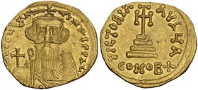 Constans II (641-668). AV Solidus, Constantinople mint, 651-654 AD. Obv. d N CONSƮANƮINЧS P P AVς. Bust facing, with long beard, wearing crown and chl...