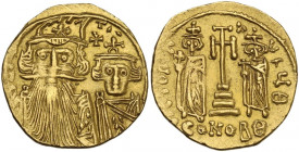 Constans II, with Constantine IV (641-668). AV Solidus, Constantinople mint, c. 661- 663 AD. Obv. ∂ N COSτ AN. Draped busts of Constans, wearing plume...