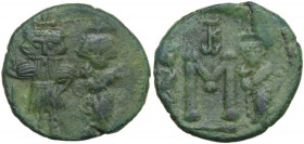 Constans II, with Constantine IV, Heraclius, and Tiberius (641-668). AE Follis. Syracuse mint. Struck 659-663. Obv. Crowned figures of Constans II, ho...