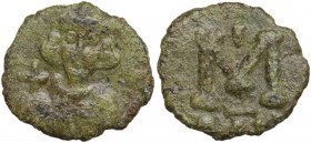 Justinian II (685-695). AE Follis. Ravenna mint. Obv. Crowned and draped facing bust, holding globus cruciger. Rev. Large M; I above; [in exergue, RAV...