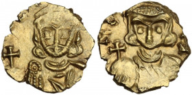 Leo III and Constantine V (717-741). AV Semissis (?). Uncertain Italian mint. Obv. Crowned and draped bust of Leo III facing, holding cross on globe i...