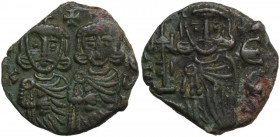 Constantine V Copronymus with Leo IV (751-775). AE Follis. Syracuse mint, 751-775. Obv. Crowned facing busts of Constantine V and Leo IV, each wearing...