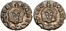 Basil I, the Macedonian (867-886), with Constantine (868-879). Debased AV Semissis (?), Syracuse mint. Obv. bASILEIOC. Bust facing, wearing crown and ...