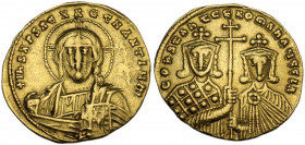 Constantine VII Porphyrogenitus and Romanus II (945-963 AD). AV Solidus, Constantinople mint. Obv. + IhS XPS RЄX RЄϚNANTIЧM. Half length bust of Chris...