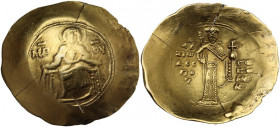 Alexius I Comnenus, post-reform coinage (1092-1118). EL Aspron Trachy. Constantinople mint. Obv. ΜΘ - ΘΥ- The Virgin enthroned facing, nibate, wearing...
