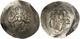 Manuel I Comnenus (1143-1180). EL Aspron Trachy. Thessalonica. Struck circa 1160-1167. Obv. ΜΠ / ΘΥ. The Virgin Mary seated facing on throne, holding ...